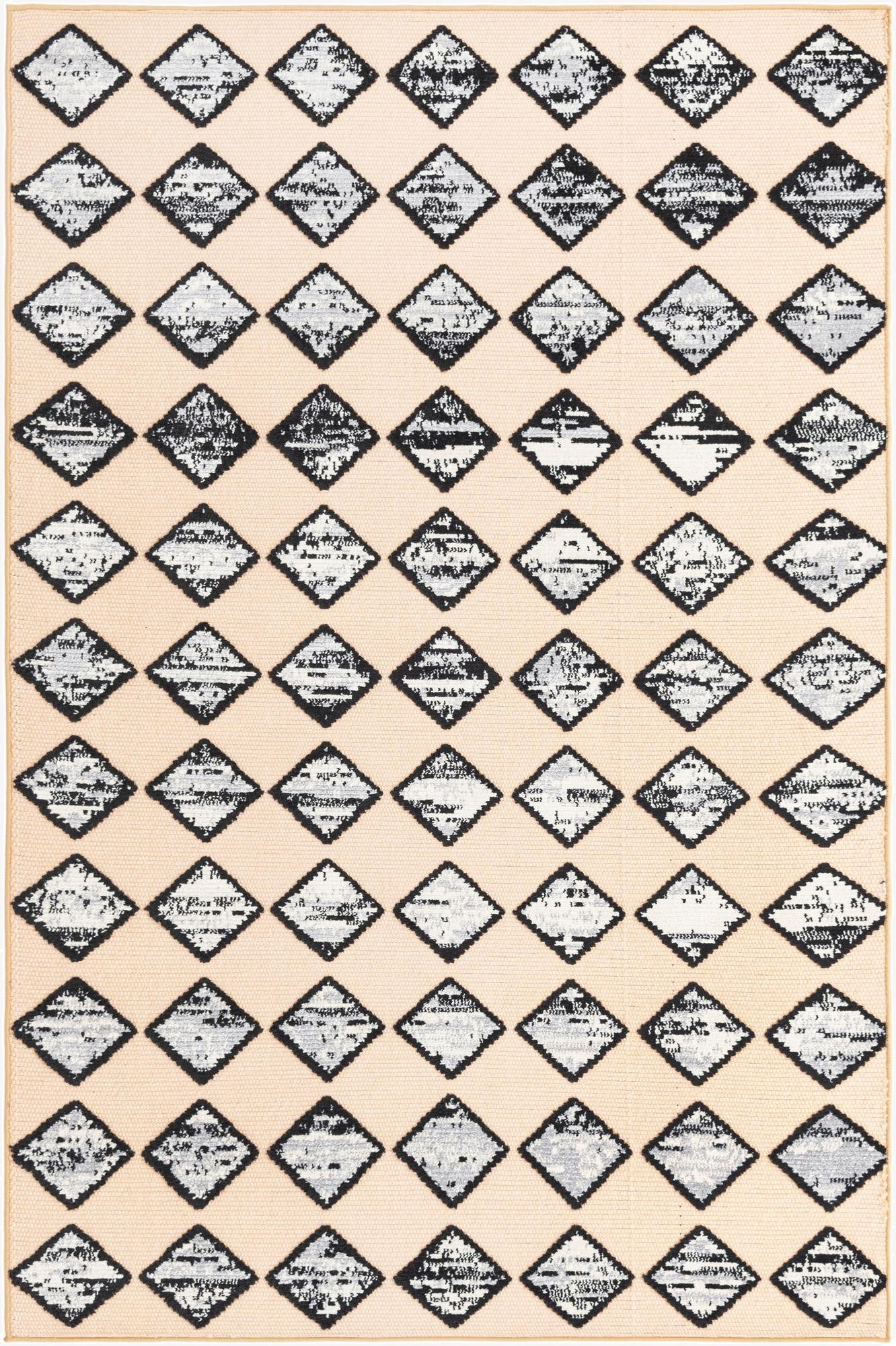 A 5x8 rectangular indoor/outdoor rug with a modern pattern of distressed black and white diamonds on an ivory background.