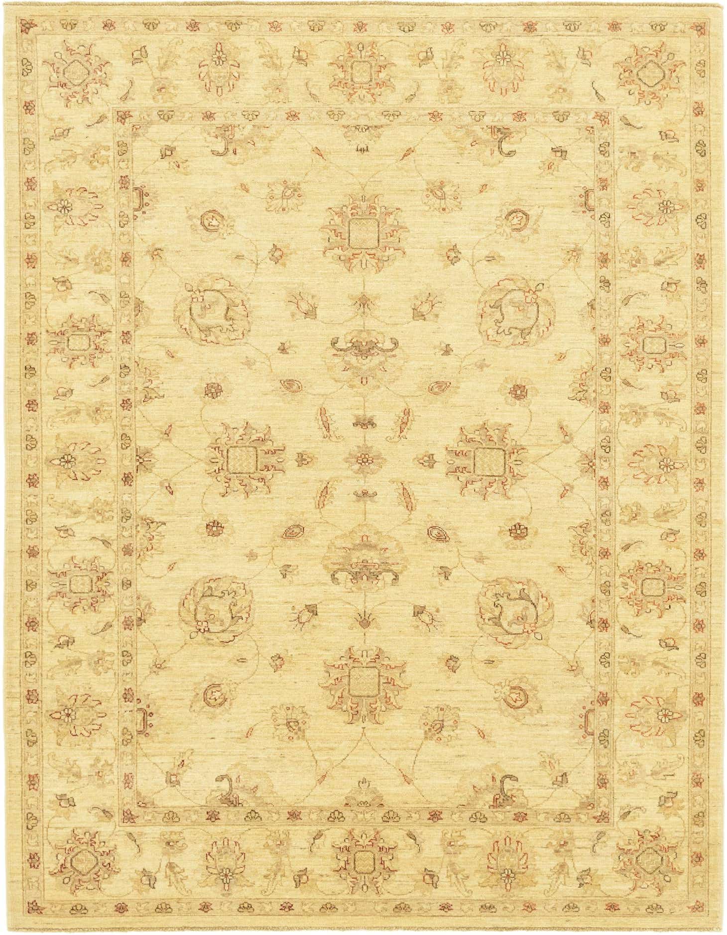 A 6x9 rectangular ivory wool rug with a traditional botanical and tribal floral pattern, featuring a thin pile.
