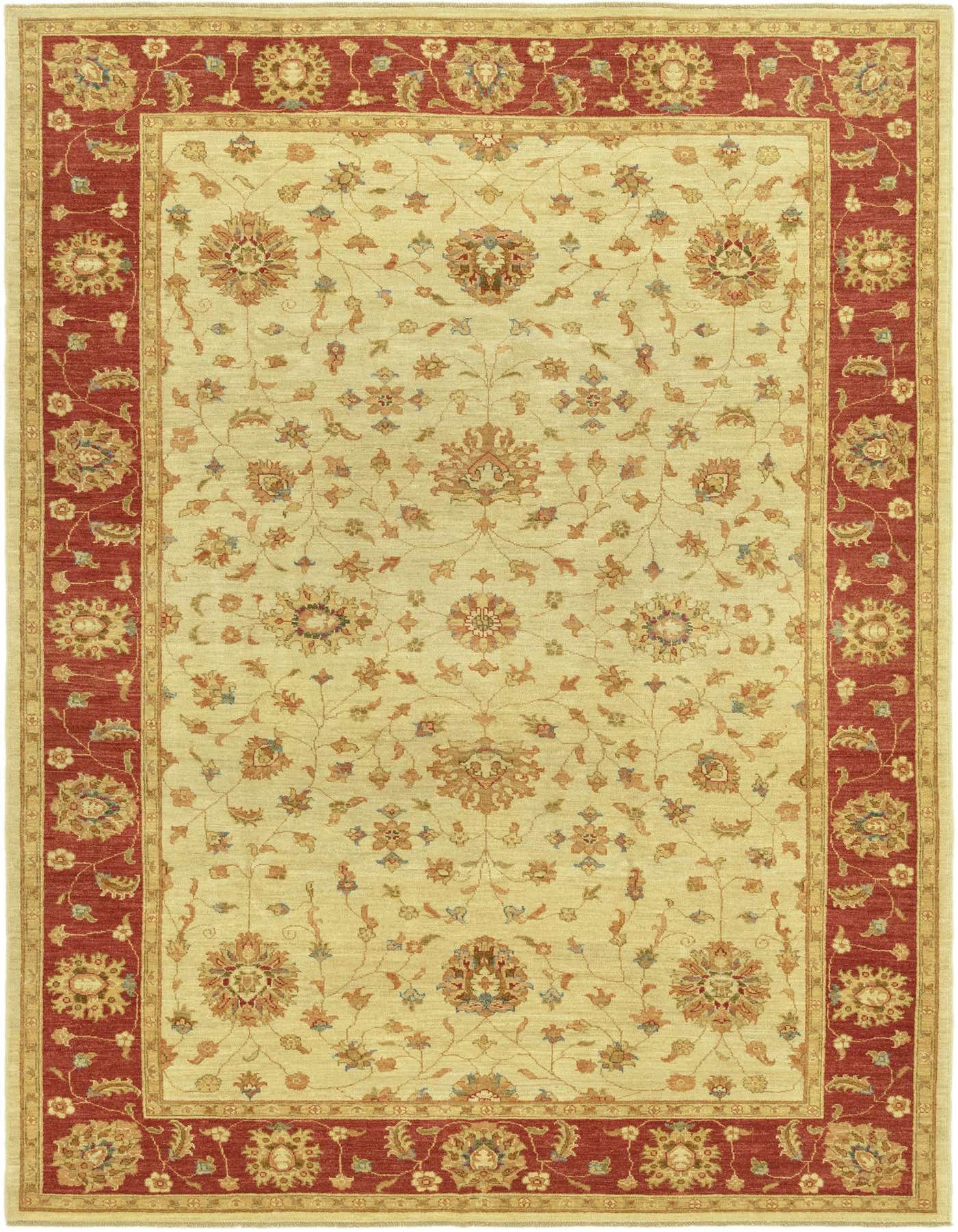 A 7x10 rectangular ivory and red traditional rug with an intricate botanical and floral pattern, perfect for a living room.