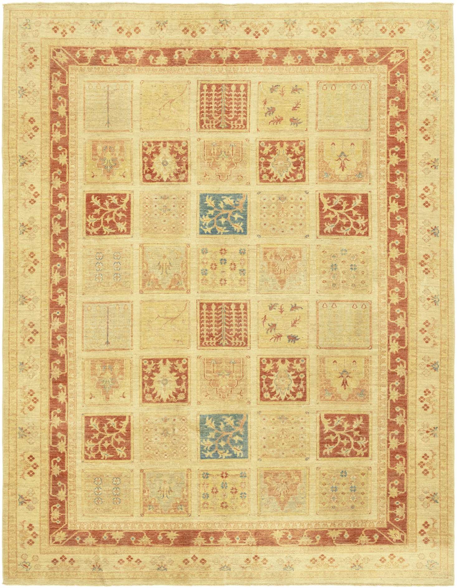 A 7x10 rectangular Peshawar Ziegler rug in ivory and cream with a traditional botanical pattern and red border.