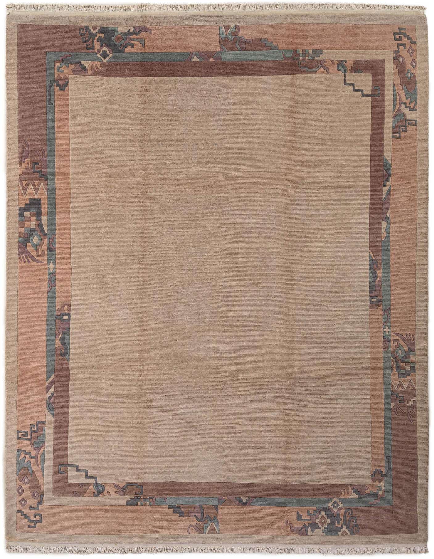 An 8x12 rectangular ivory wool rug with a modern oriental border in muted browns, blues, and creams.