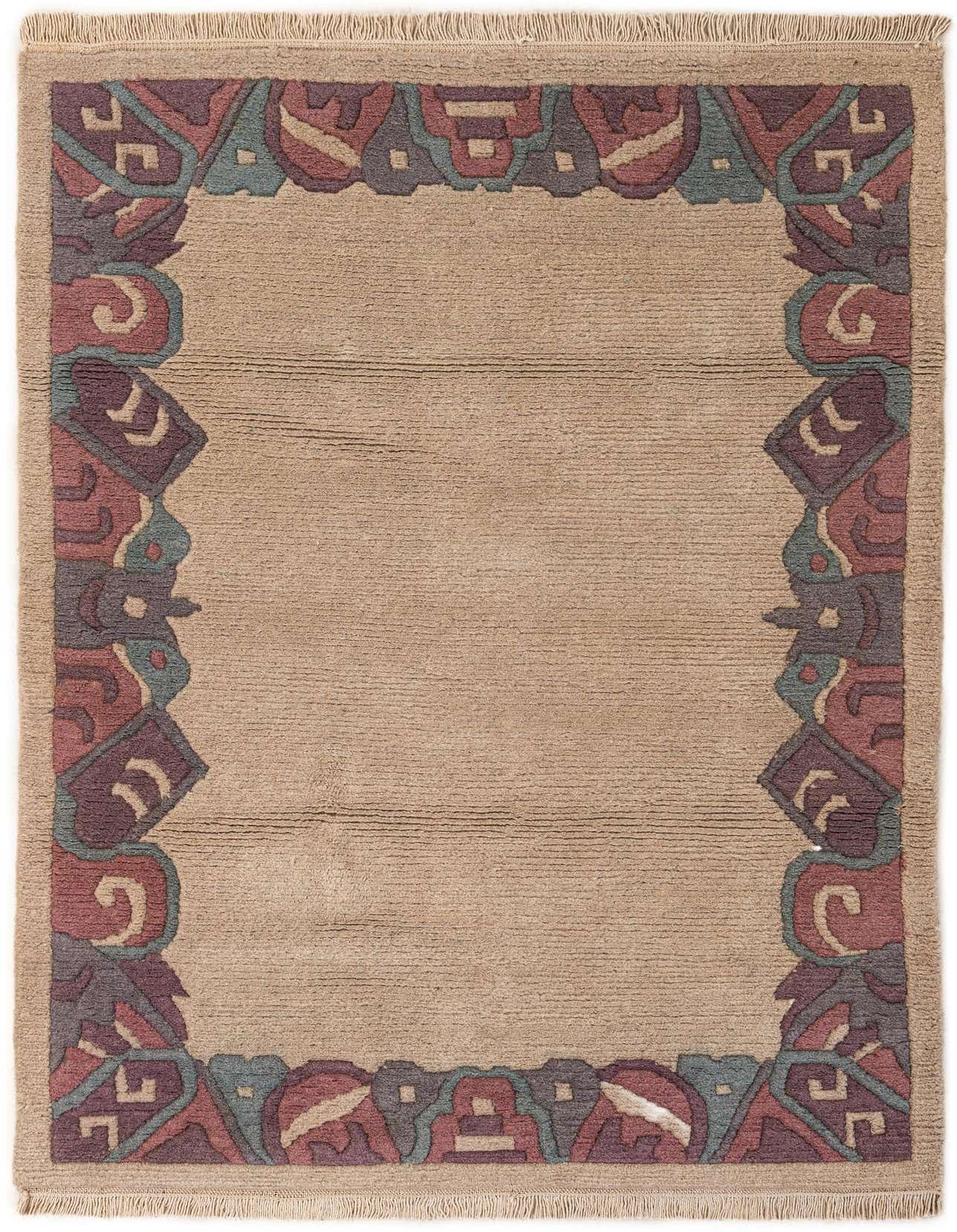 A 4x6 rectangular ivory wool rug with a medium pile, featuring a modern abstract border in shades of maroon, teal, and purple.