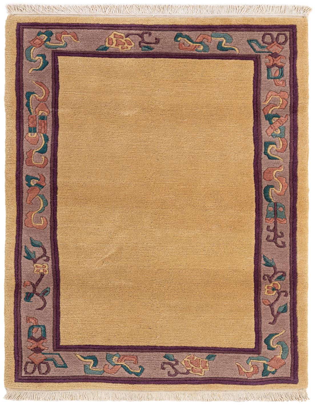 A 3x5 rectangular ivory wool rug with a medium pile. It features a modern oriental border in purple, teal, and rust tones.