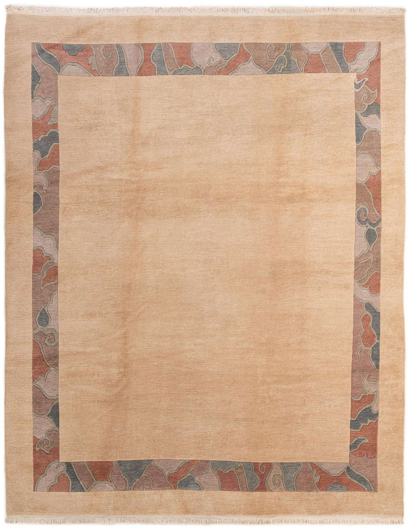 An 8x11 rectangular ivory wool rug with a modern oriental border in muted reds, blues, and creams.