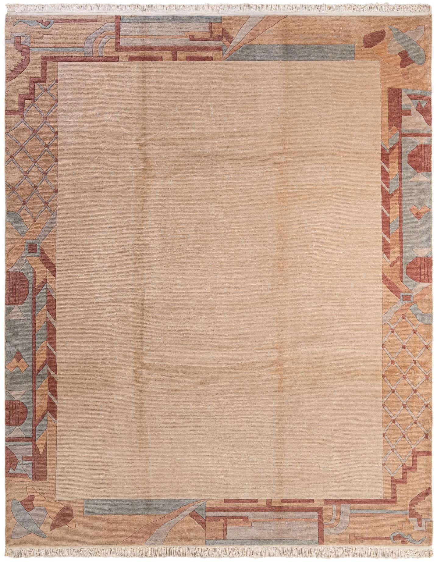 An 8x11 rectangular ivory wool rug with a modern Oriental border in muted terracotta, blue, and beige tones.