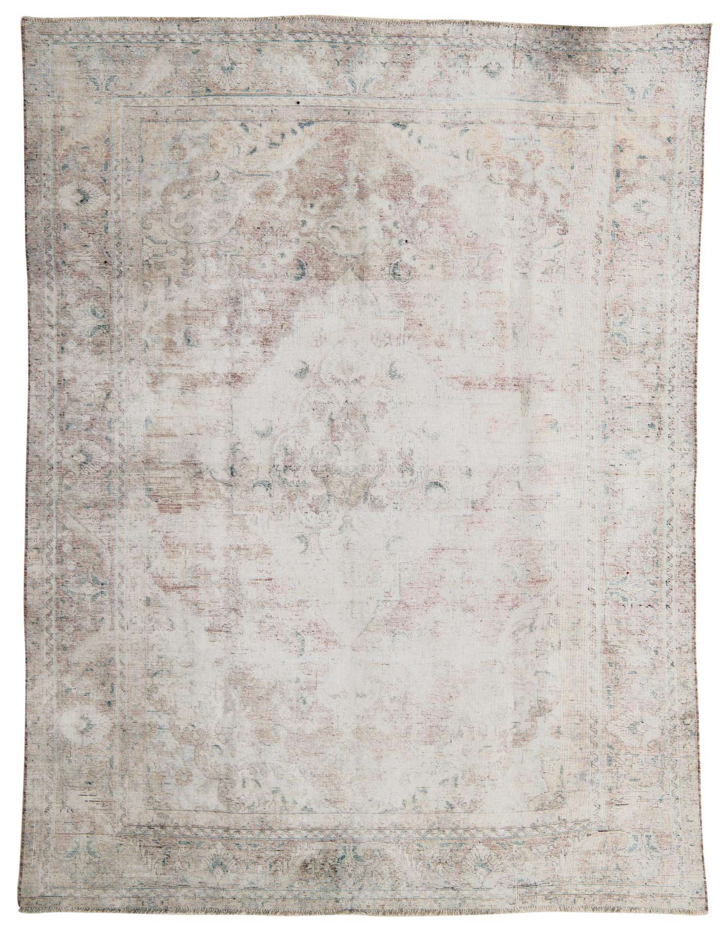 A 7x10 rectangular ivory wool rug with a faded Persian medallion pattern in subtle creams, pinks, and blues.