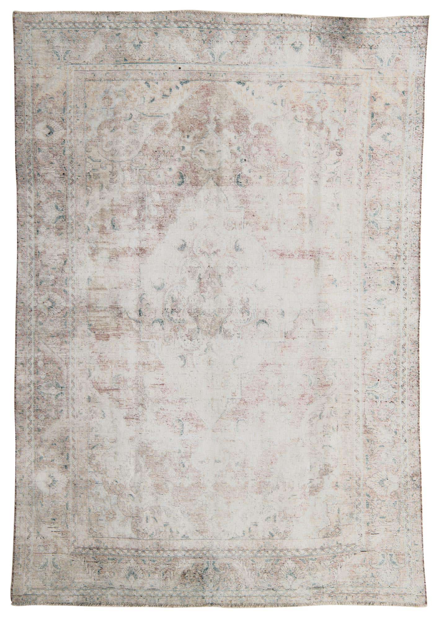 A 7x10 rectangular ivory wool rug with a faded Persian medallion pattern in subtle creams, pinks, and blues.