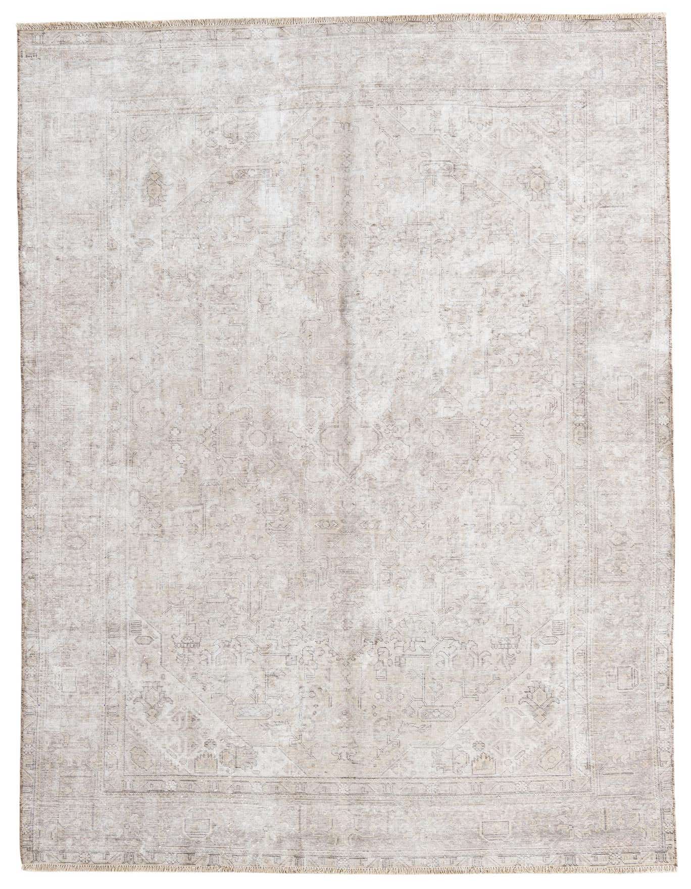 A 6x9 rectangular ivory wool rug with a subtle, faded Persian vintage pattern, suitable for a living room.