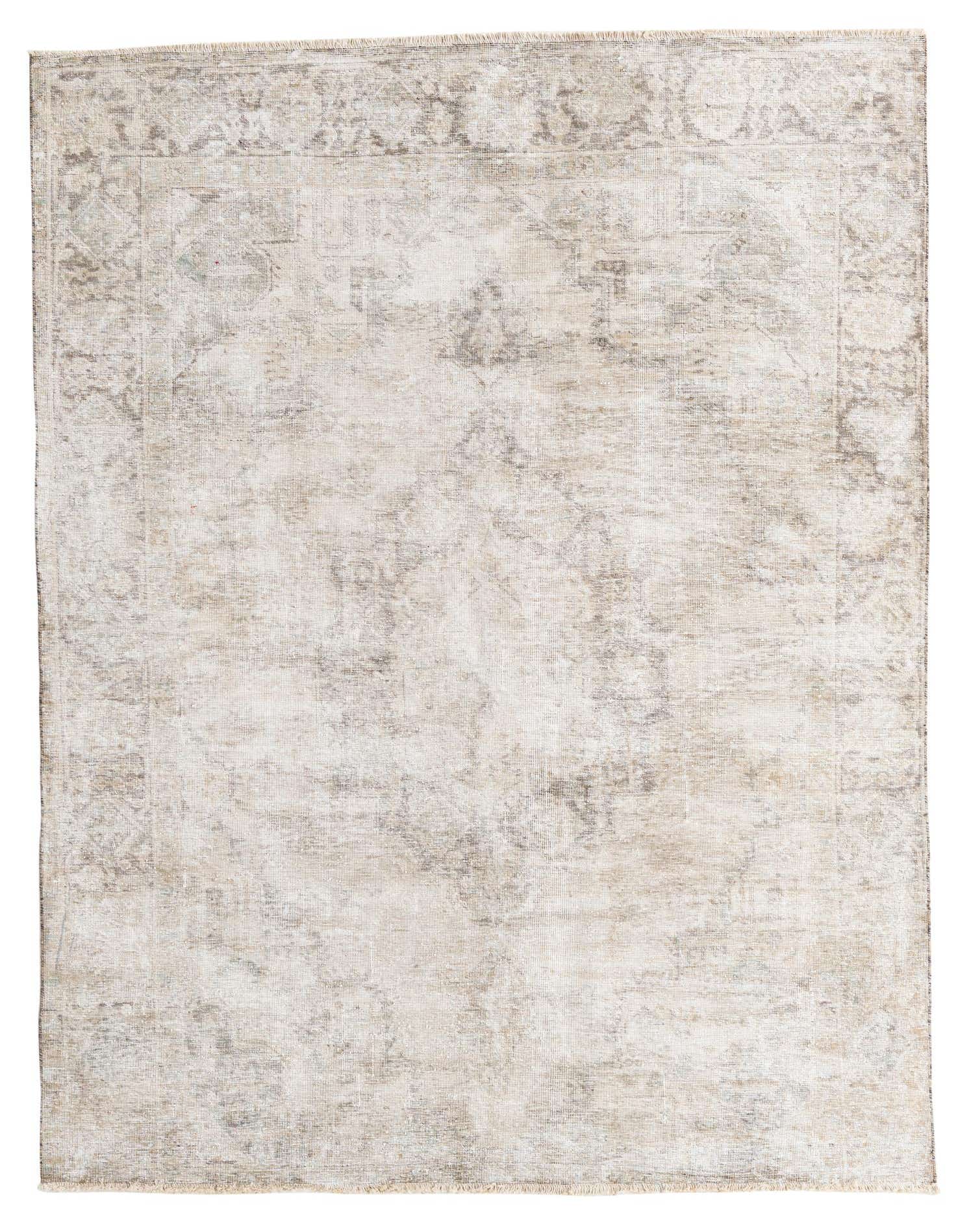 A 6x9 rectangular ivory and cream flatweave wool rug with a subtle, distressed Persian medallion and border pattern.