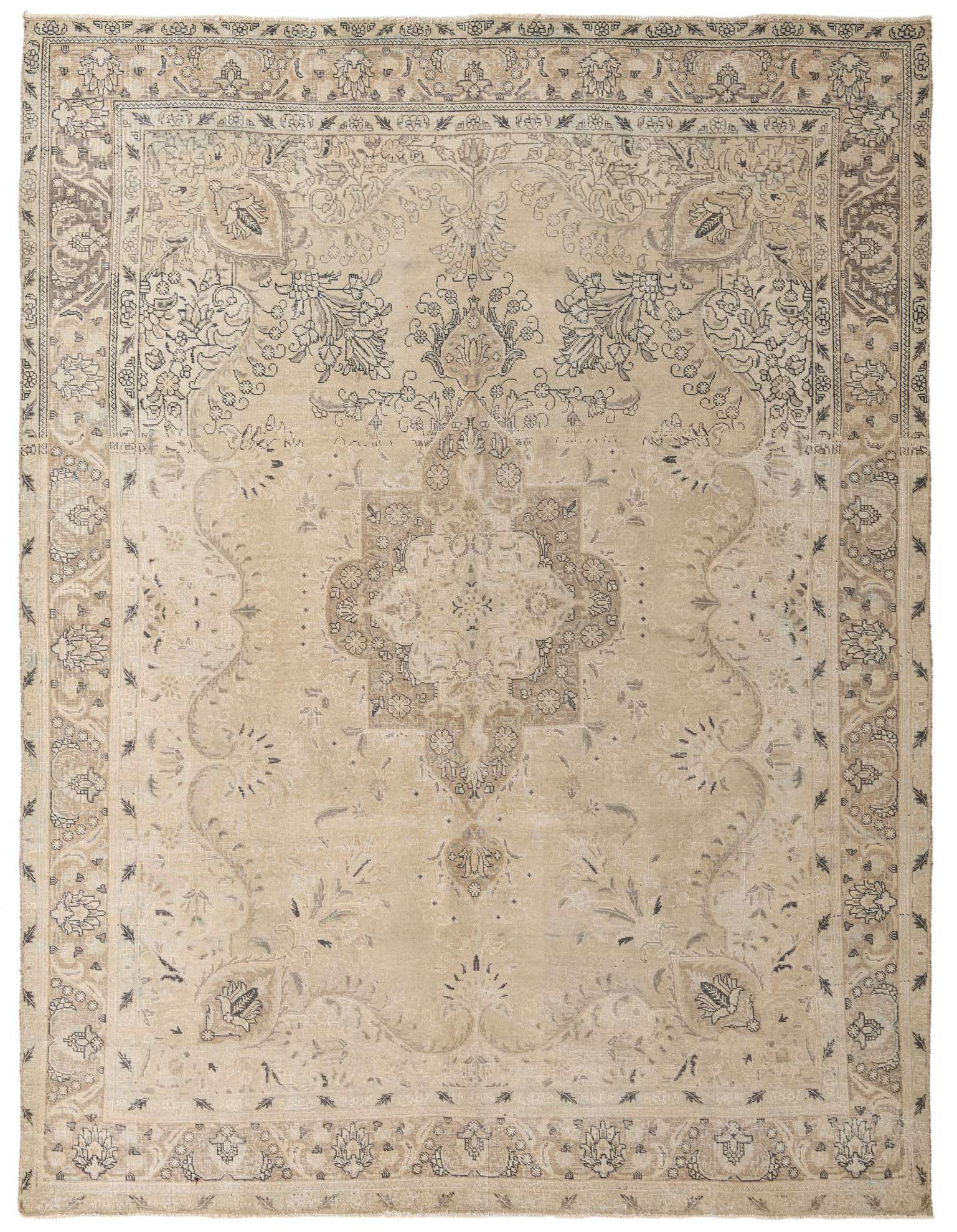 A 10x13 rectangular ivory wool rug featuring a distressed Persian medallion and floral border design.
