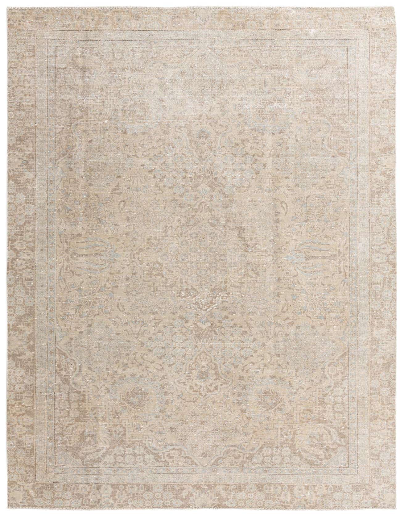 An 8x11 rectangular ivory and cream Persian-style wool rug with a distressed vintage pattern, suitable for a living room.