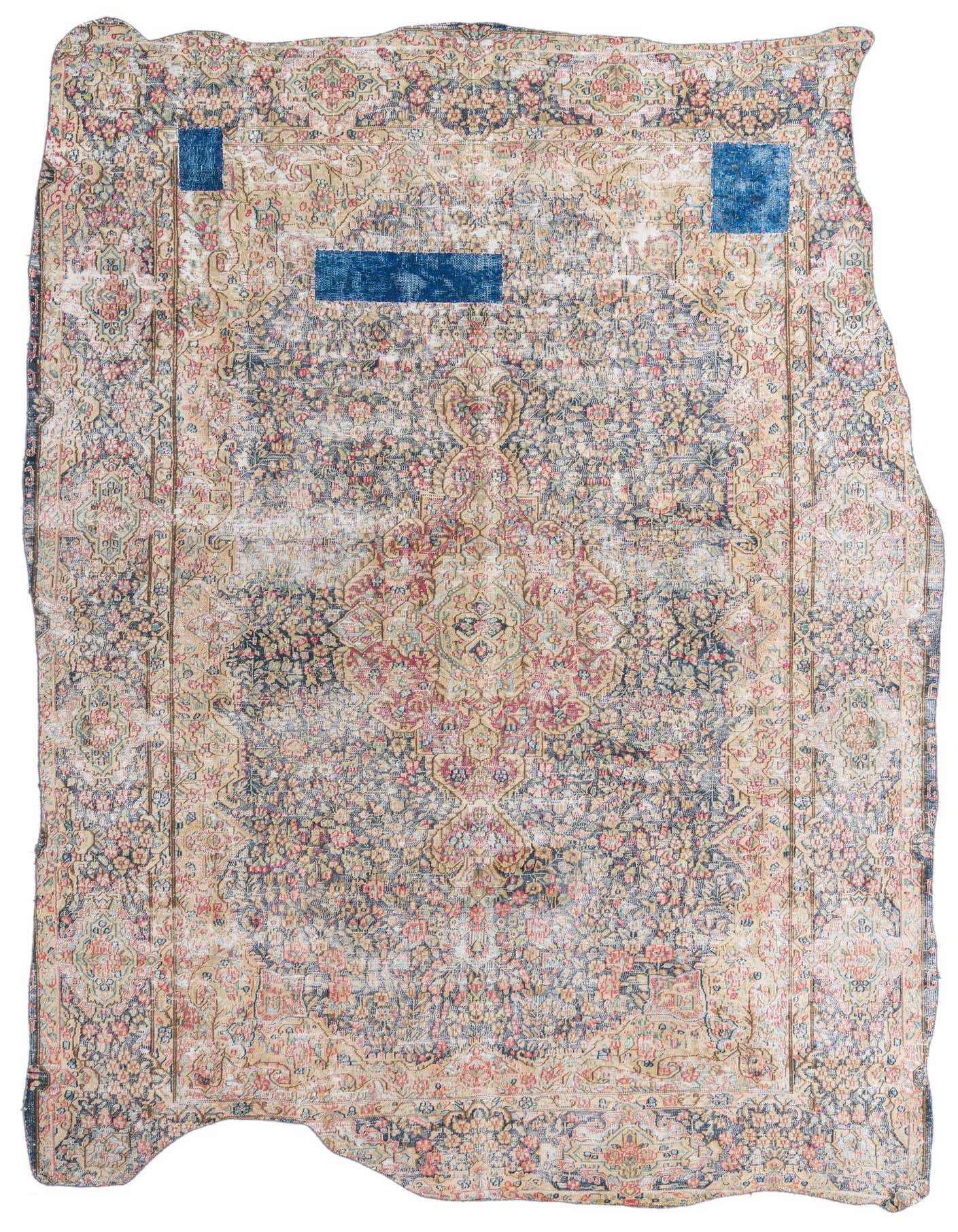 A rectangular 8x11 Ultra Vintage Persian rug with an ivory and cream base, featuring a faded medallion pattern in blues, pinks, and greens, with distressed patches of solid blue.