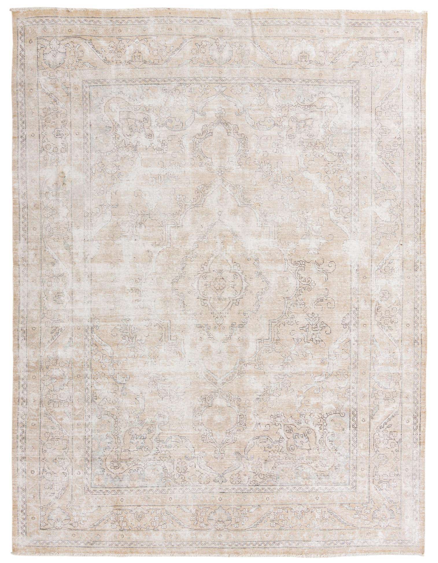 An 8x12 rectangular ivory and cream wool rug with a faded Persian floral pattern and a flat pile, suitable for a living room.