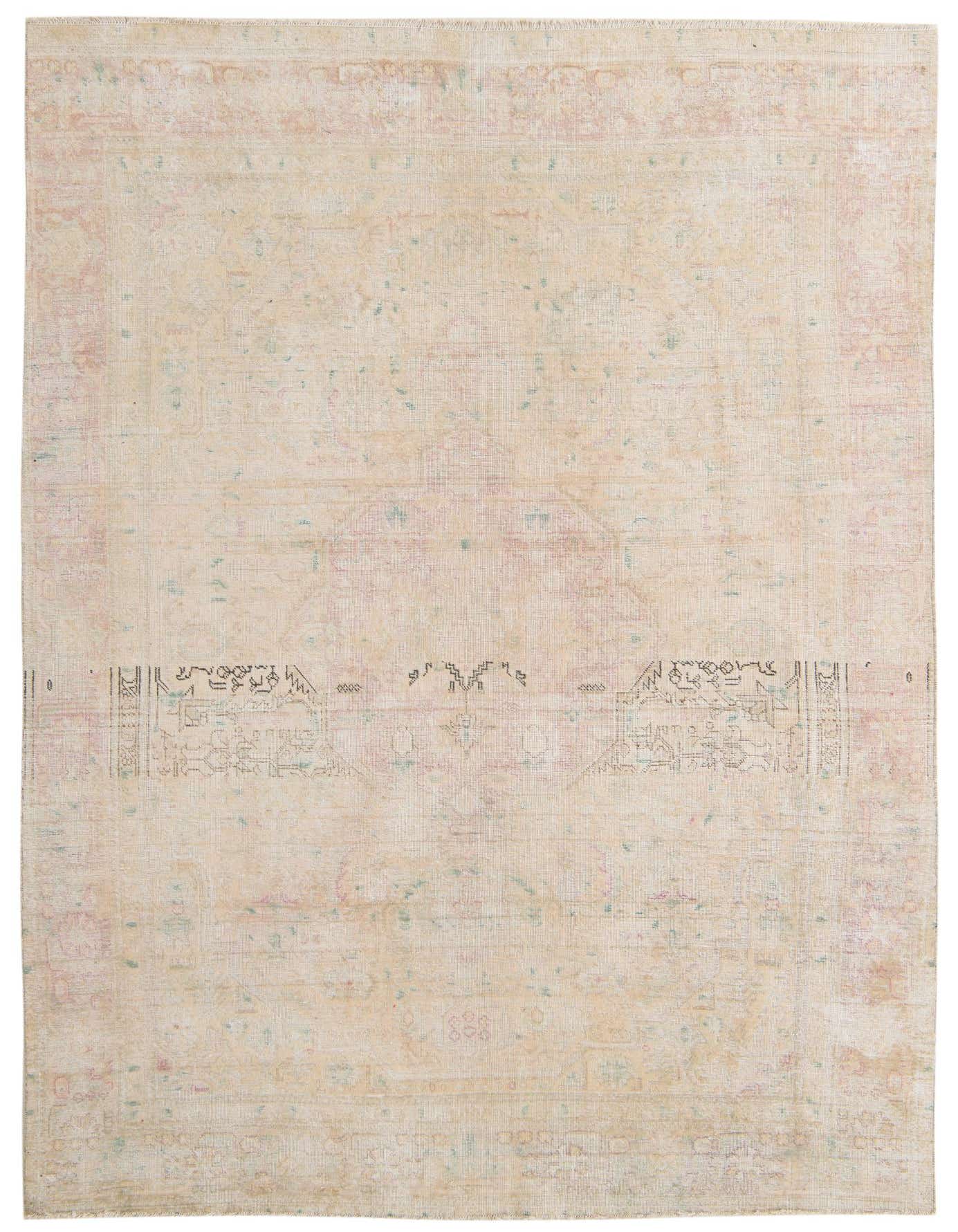 A rectangular 6x9 ivory wool rug with a faded Persian medallion pattern in subtle pink and teal accents, suitable for a living room.