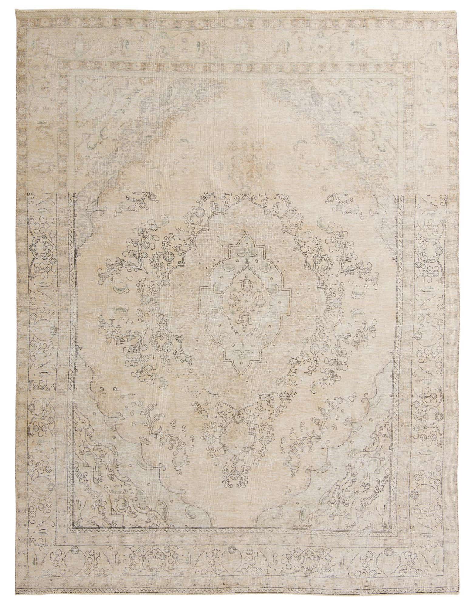 A 9x12 rectangular ivory and cream Persian-style wool rug with a faded medallion pattern and ornate border.