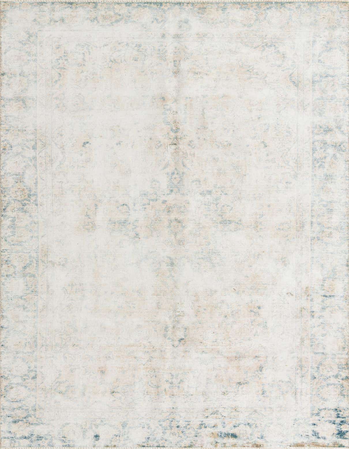 A 6x9 rectangular ivory wool rug featuring a distressed Persian medallion pattern with subtle blue and cream accents.