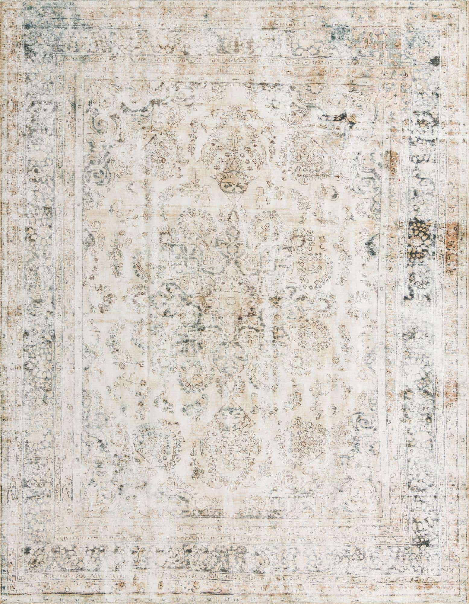 A 9x12 rectangular ivory and cream wool rug with a distressed Persian medallion and floral pattern, suitable for a living room.