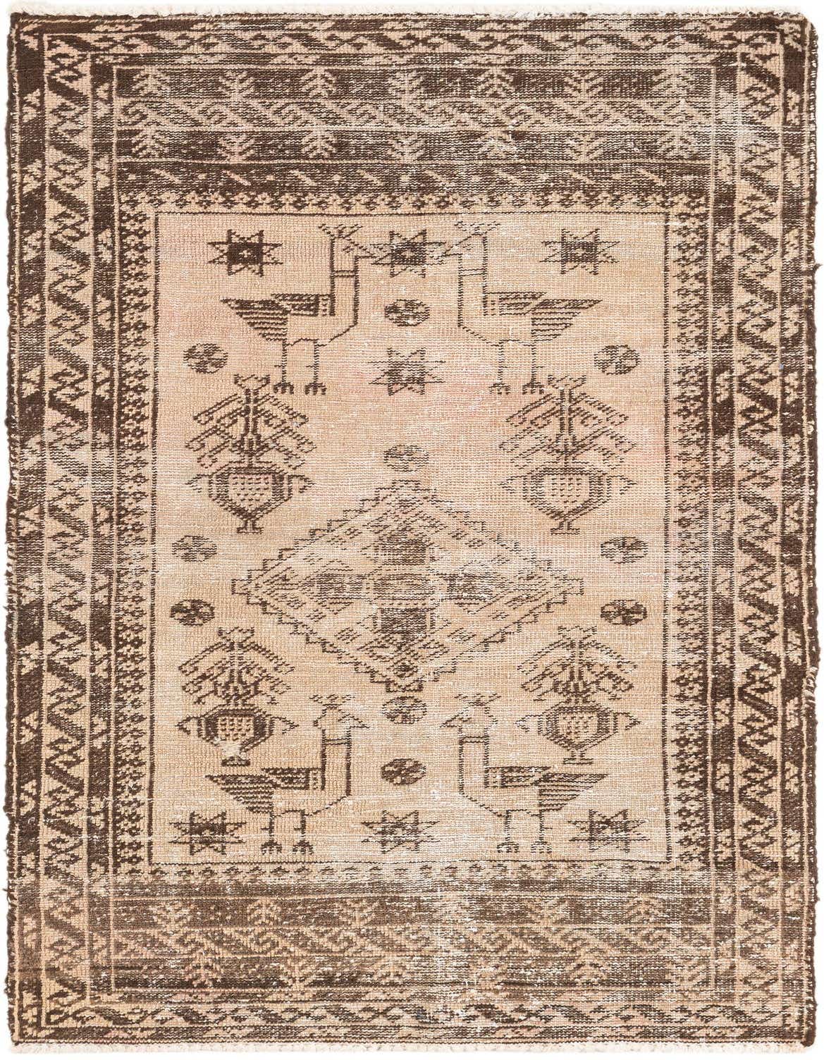 A 3x4 rectangular ivory and brown Persian rug with a faded vintage look, featuring bird and geometric patterns.