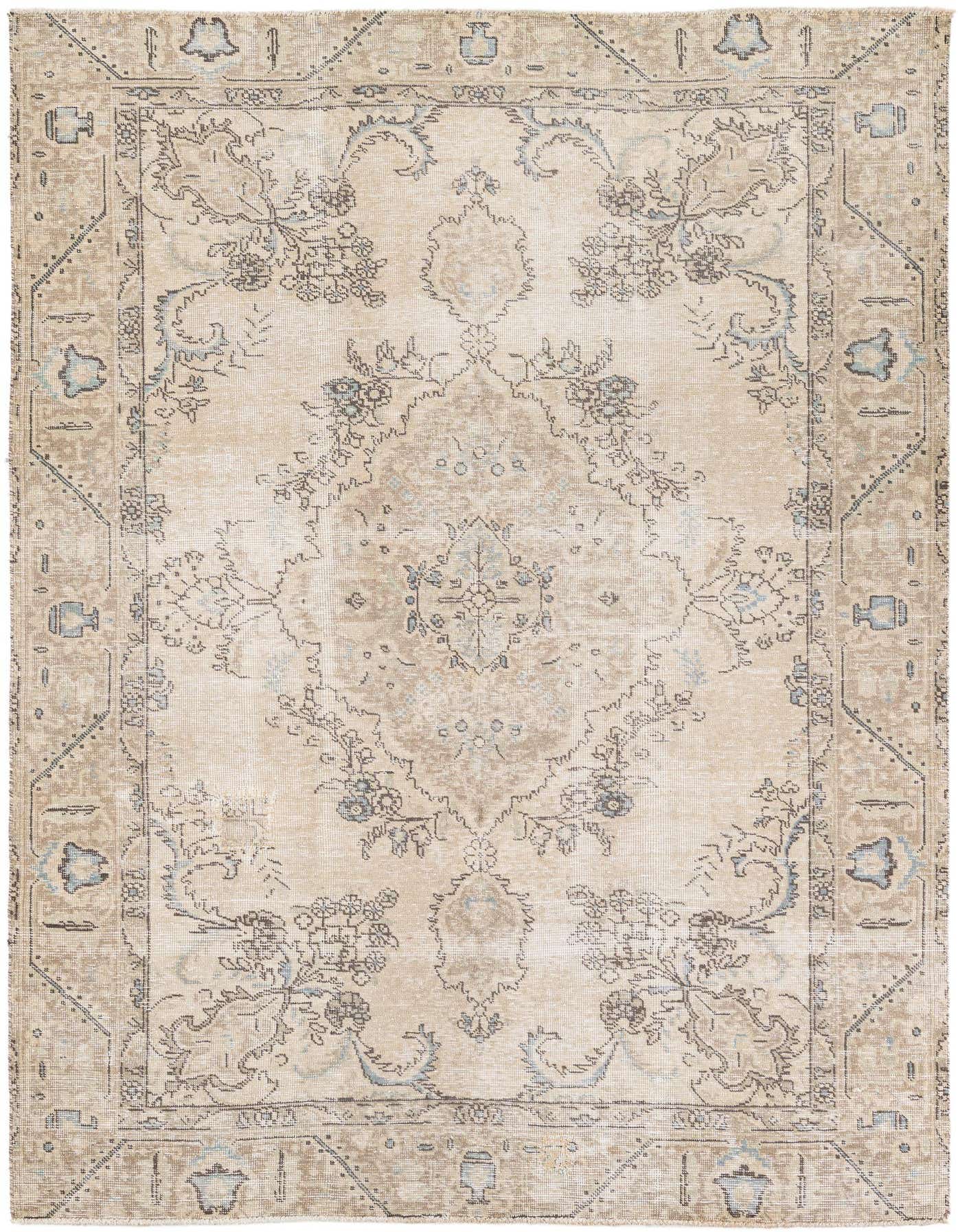 A 6x9 rectangular ivory and cream wool rug featuring a distressed Persian medallion and floral pattern with subtle blue accents.