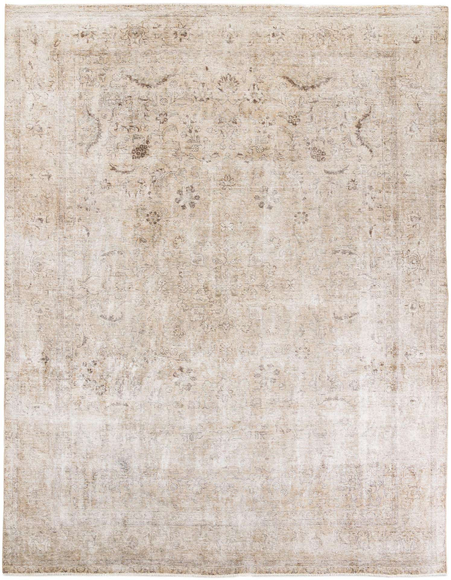 A 9x12 rectangular ivory and cream wool rug with a faded Persian medallion and floral pattern, suitable for a living room.