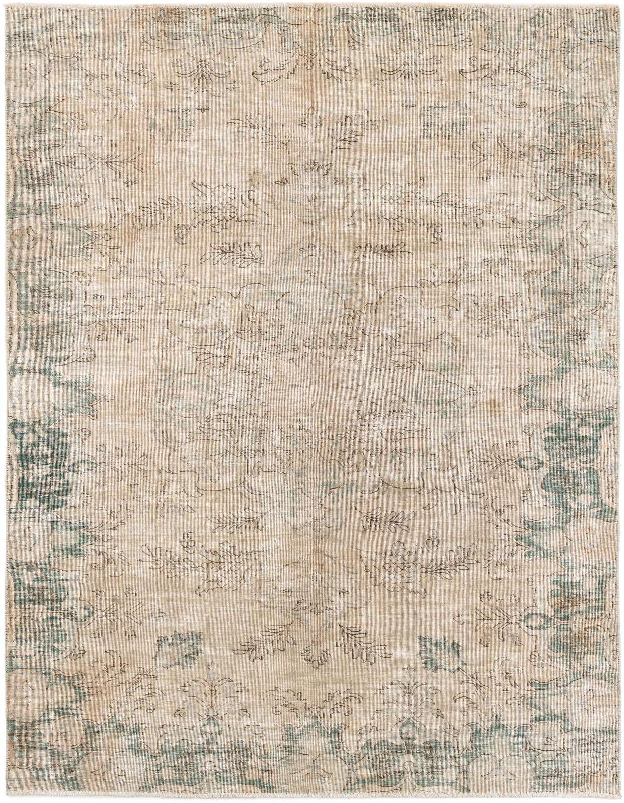 A rectangular 5x8 ivory and cream wool rug with a faded Persian medallion and floral pattern, suitable for a living room.