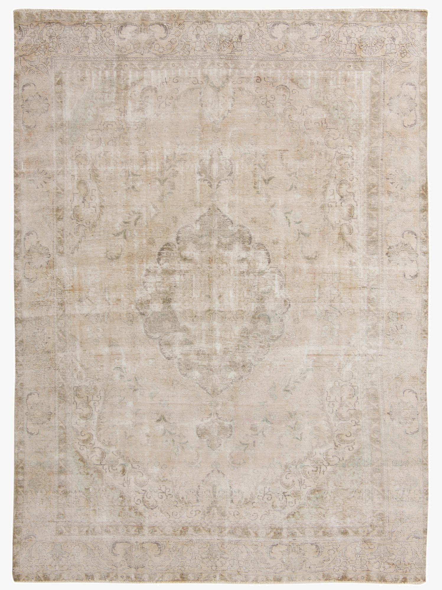 An 8x11 rectangular ivory and cream Persian-style rug with a faded medallion pattern, ideal for a living room.