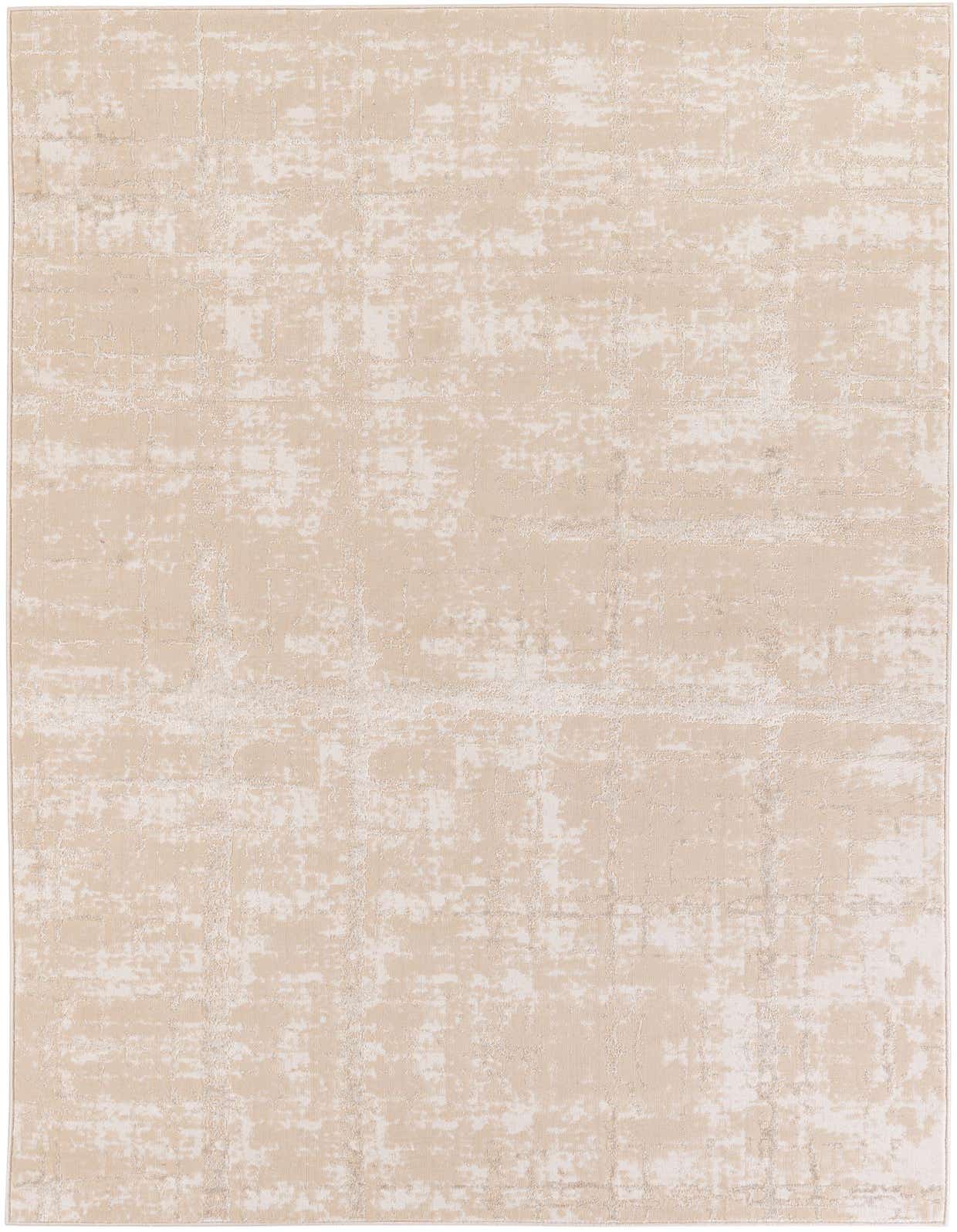 A 5x8 rectangular modern abstract rug in shades of ivory and cream, featuring a distressed pattern.