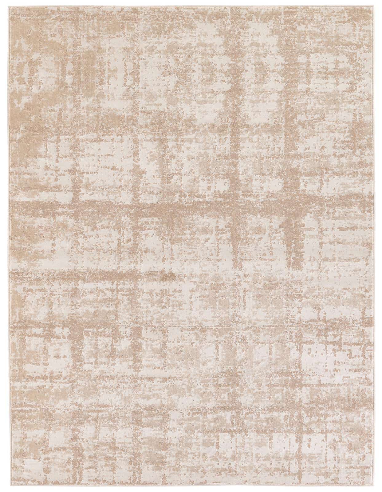 A 5x8 rectangular ivory and cream modern abstract rug with a distressed pattern, suitable for a living room.