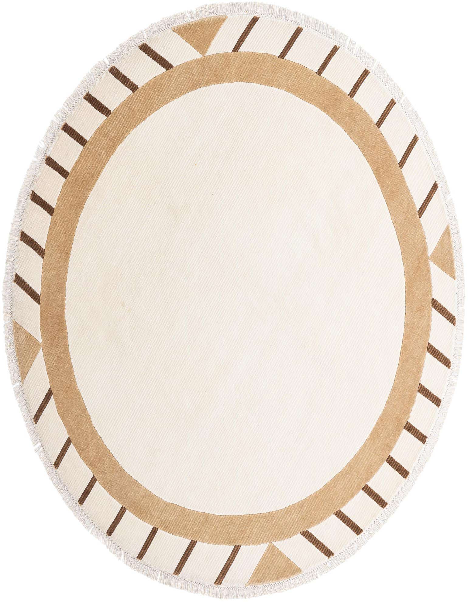 A round ivory wool rug with a modern oriental design, featuring a tan border and dark brown geometric stripes and triangles.