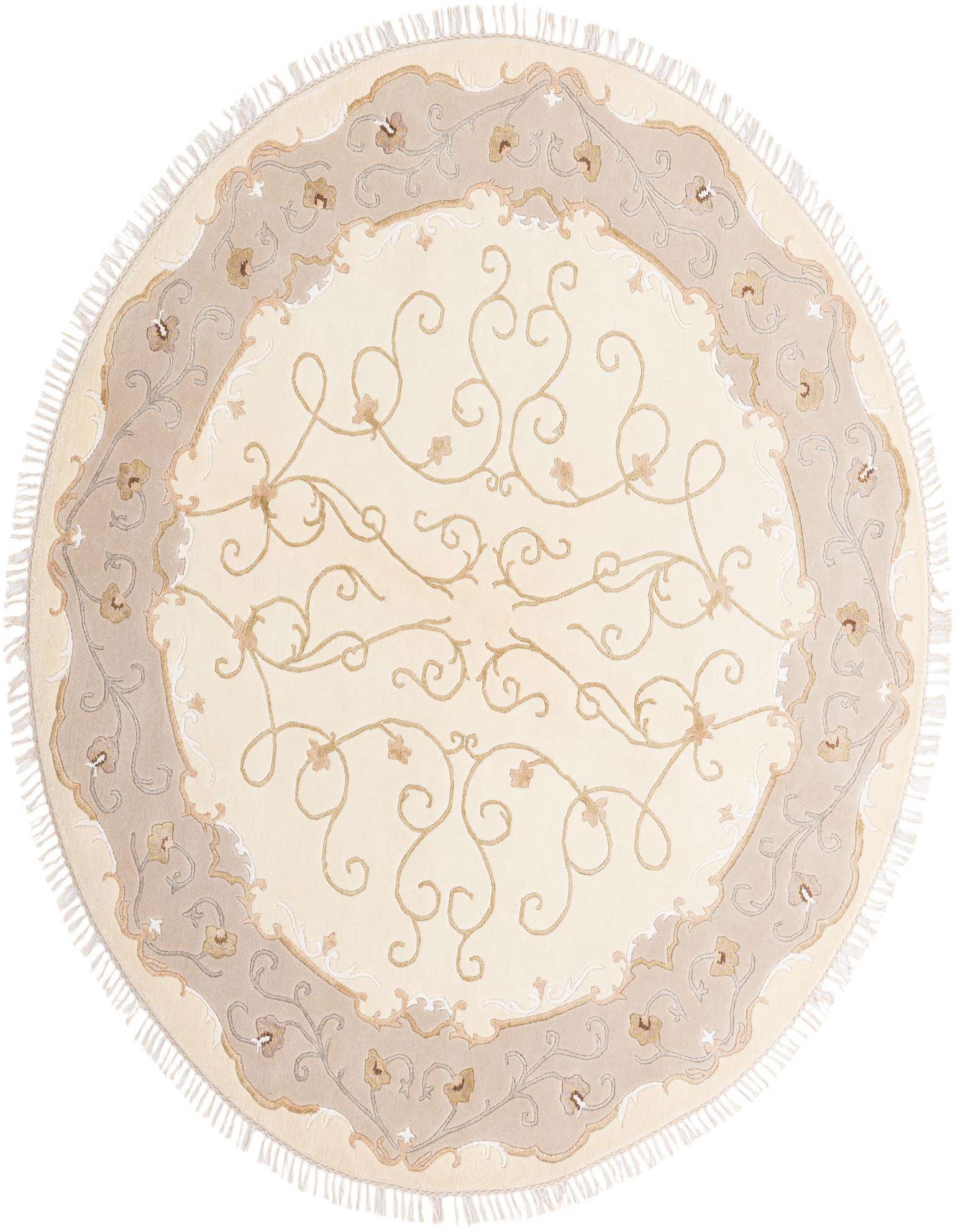 A round ivory and cream Darya rug with a modern oriental pattern and light brown floral border.