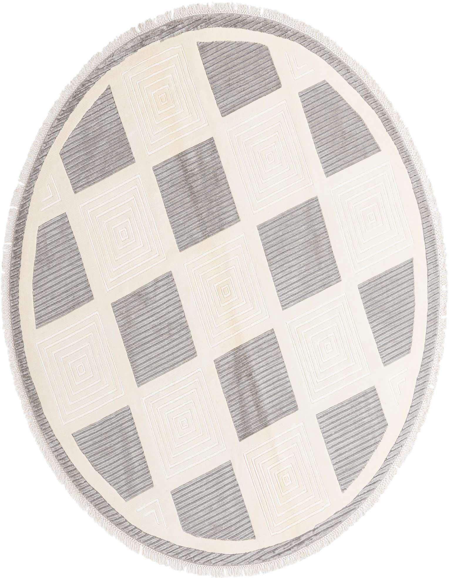 A round ivory and gray modern rug with a geometric grid pattern and fringe border, ideal for a patio.