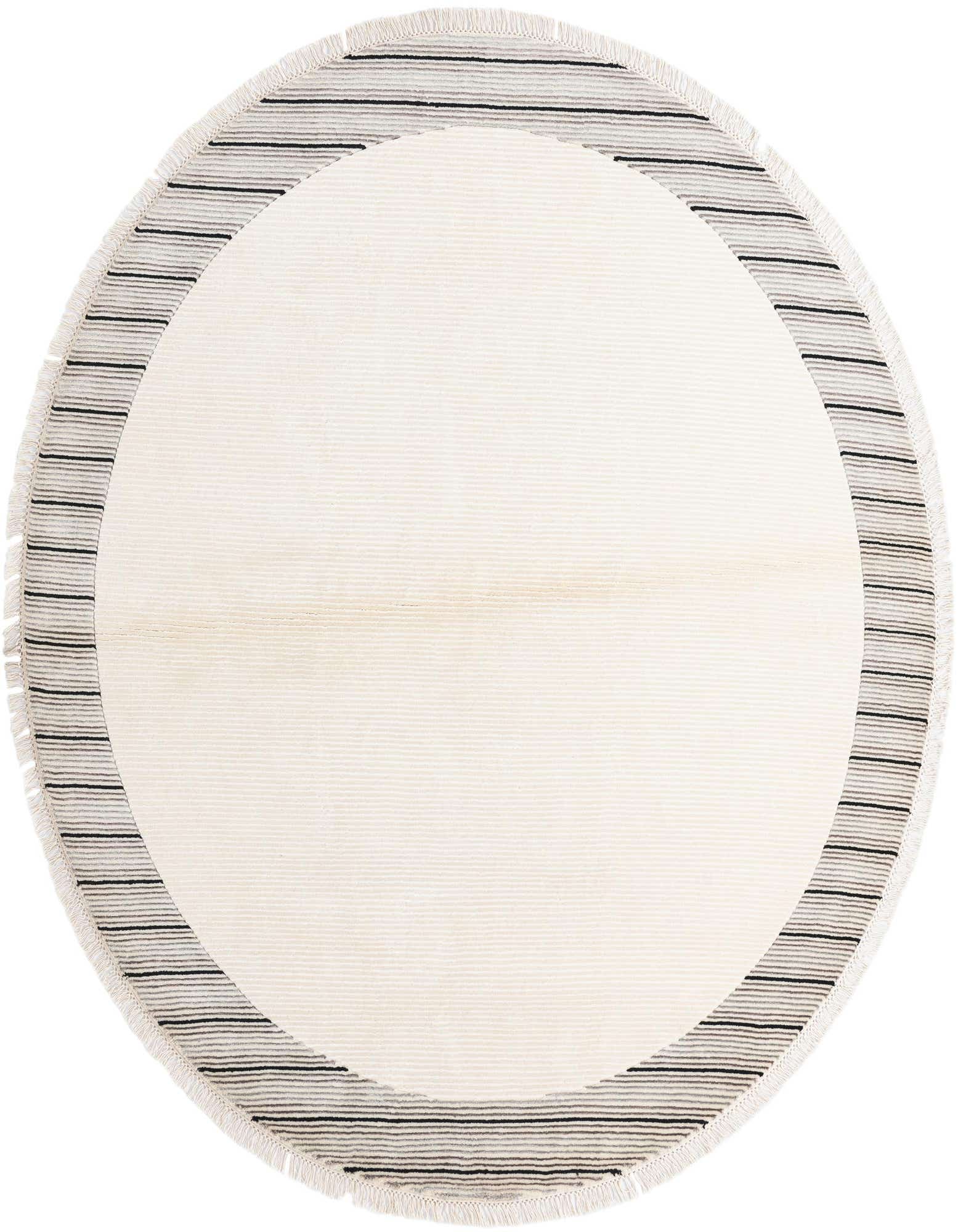 A round ivory wool rug with a modern oriental design and a striped border in shades of black and gray, featuring fringe.