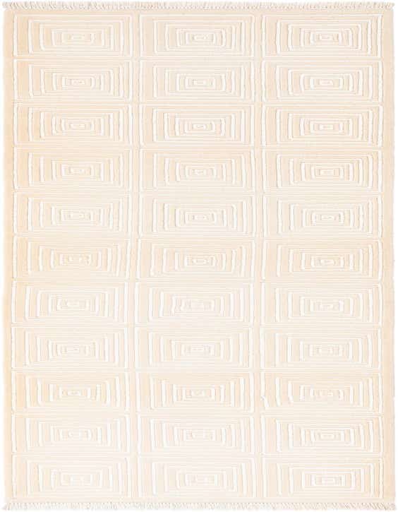 A 10 ft Darya runner rug in ivory and cream with a modern concentric square pattern, ideal for a hallway.