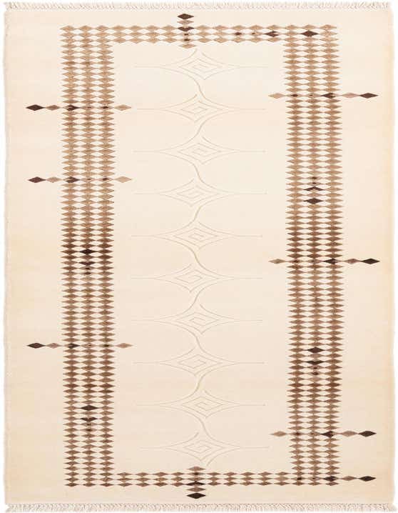 A 10 ft Darya runner rug in ivory and cream with a modern oriental pattern, featuring two vertical brown geometric borders and subtle embossed diamond shapes down the center.