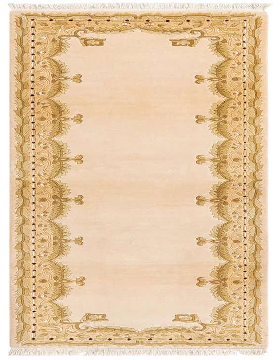 A 10 ft Darya runner rug in ivory with a detailed modern oriental border pattern in gold and cream, handmade from wool.