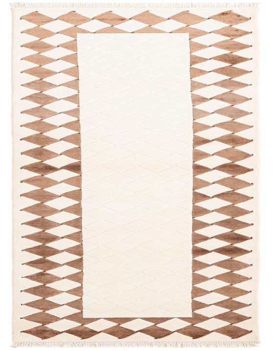 A 10 ft Darya runner rug in ivory and brown with a modern geometric diamond border pattern.