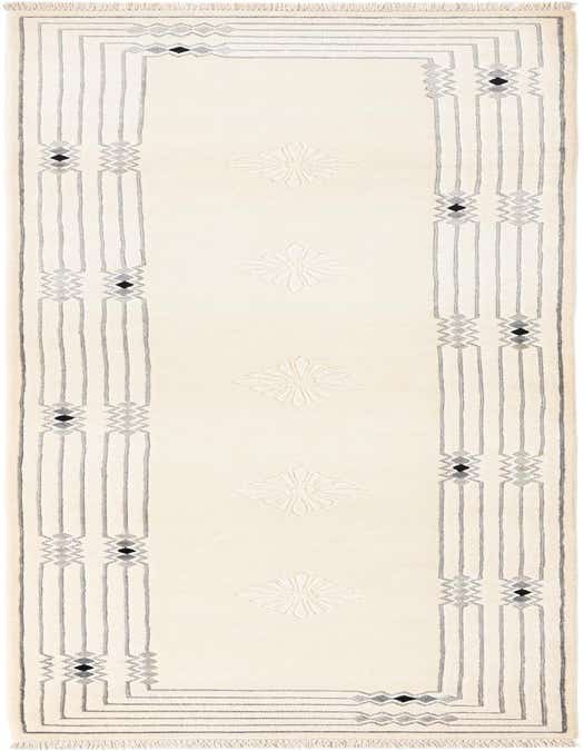 A 10 ft runner rug in ivory with a modern Oriental pattern, featuring gray geometric borders and subtle floral motifs.