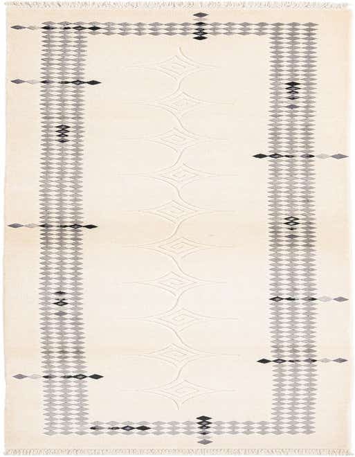 A 10 ft Darya runner rug in ivory and cream with a modern oriental pattern, featuring gray diamond borders and subtle embossed center designs.