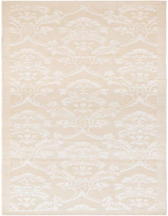 A 10 ft ivory runner rug with a raised cream modern oriental pattern and striped border, perfect for a hallway.