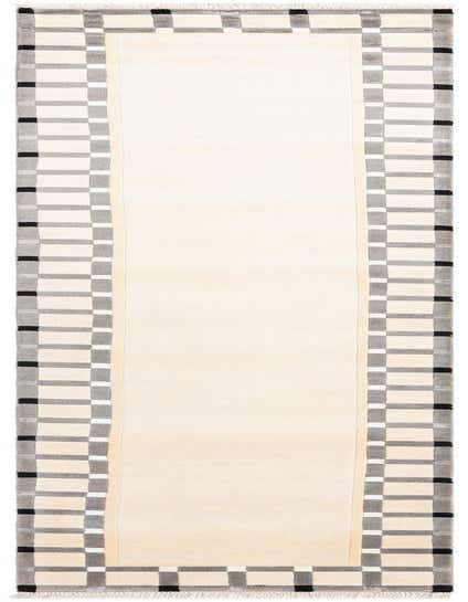 A long ivory runner rug with a modern geometric border in gray, black, and white, suitable for a hallway.