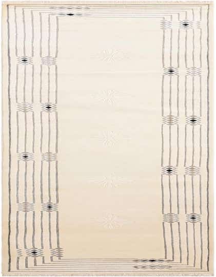 A 13 ft ivory runner rug with a modern oriental pattern, featuring gray vertical stripes and geometric diamond accents.
