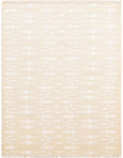 A 13 ft ivory runner rug with a high pile and a modern oriental pattern featuring cream-colored scrollwork and leaf motifs.