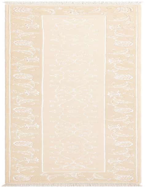 A 13 ft Darya runner rug in ivory and cream, featuring a modern oriental floral pattern with fringes.