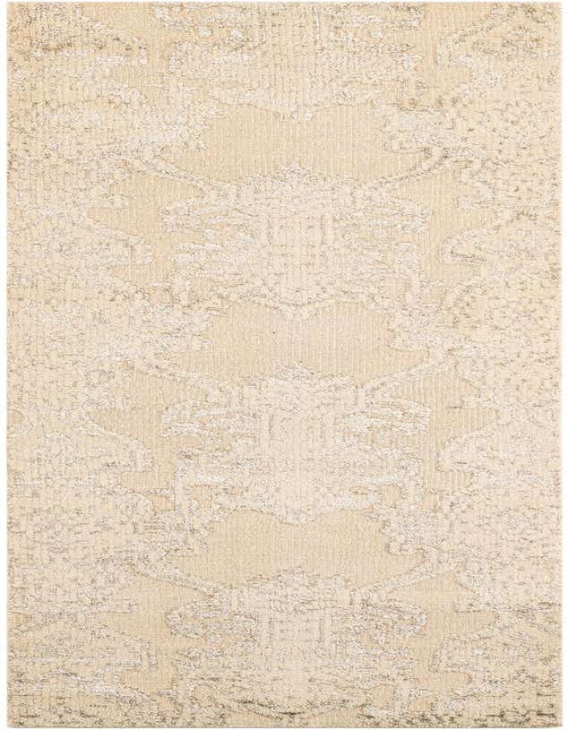 A close-up of a Darya 9 ft runner rug, featuring a high pile ivory and cream modern pattern made of wool and silk.