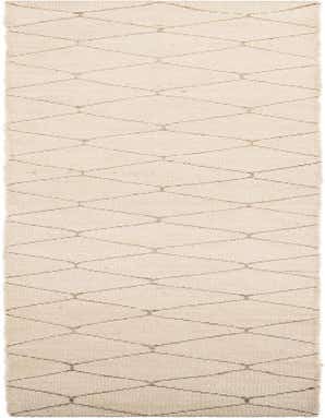 A 16 ft ivory wool runner rug featuring a repeating tribal diamond pattern in cream, perfect for a hallway.