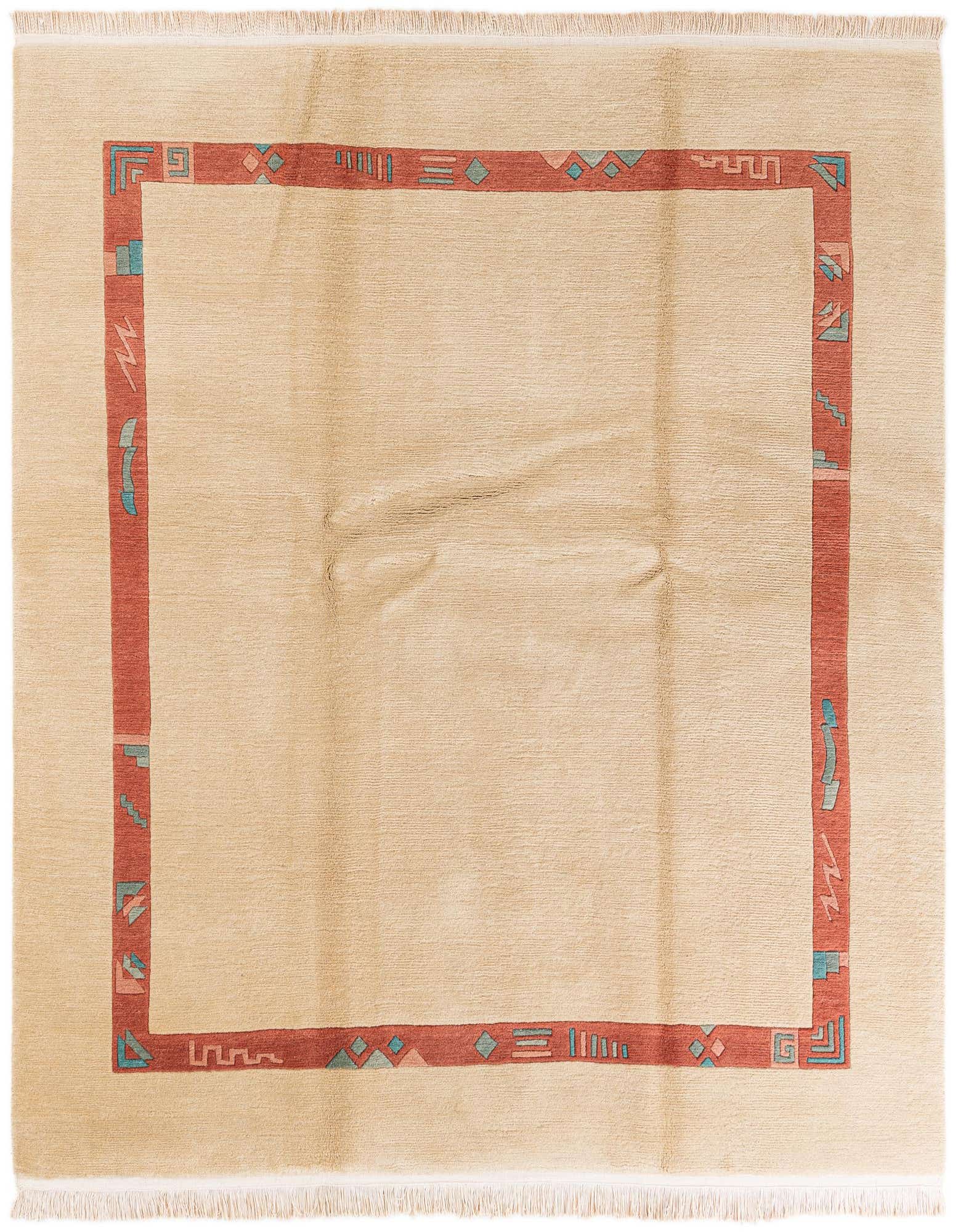 A 7' 2 x 7' 3 square ivory wool rug featuring a modern oriental border in terracotta and teal.