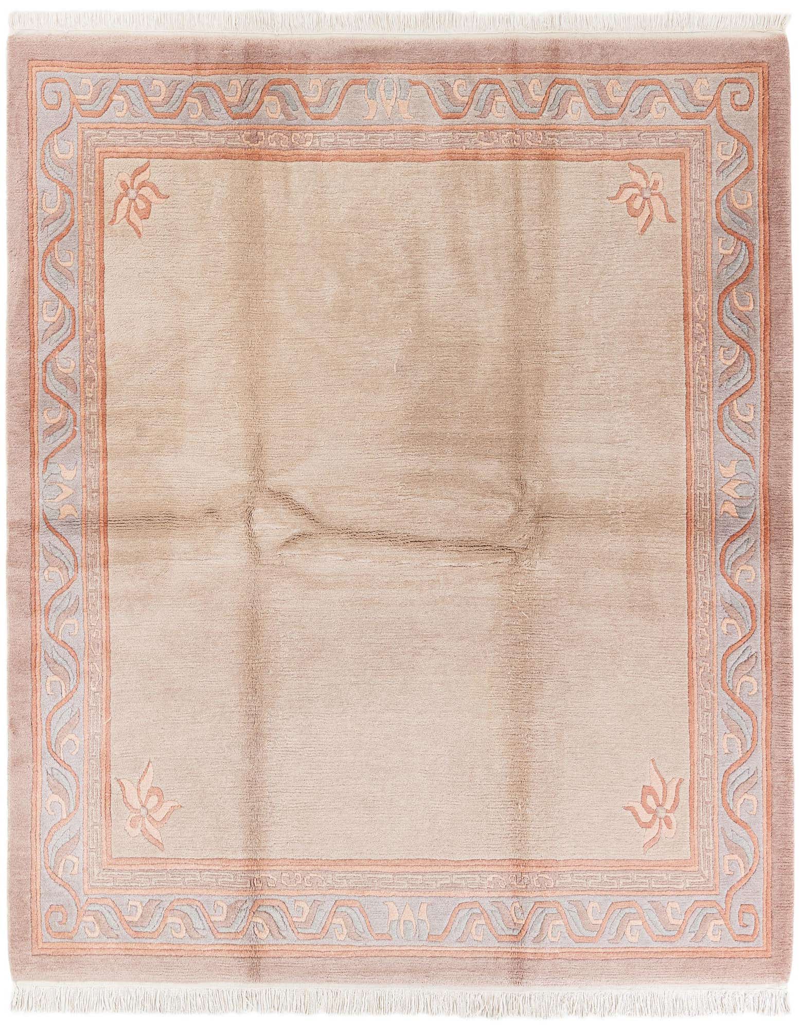 A 7' 6 x 7' 7 square ivory wool rug with a modern oriental border in muted peach and gray tones, featuring floral corner accents.