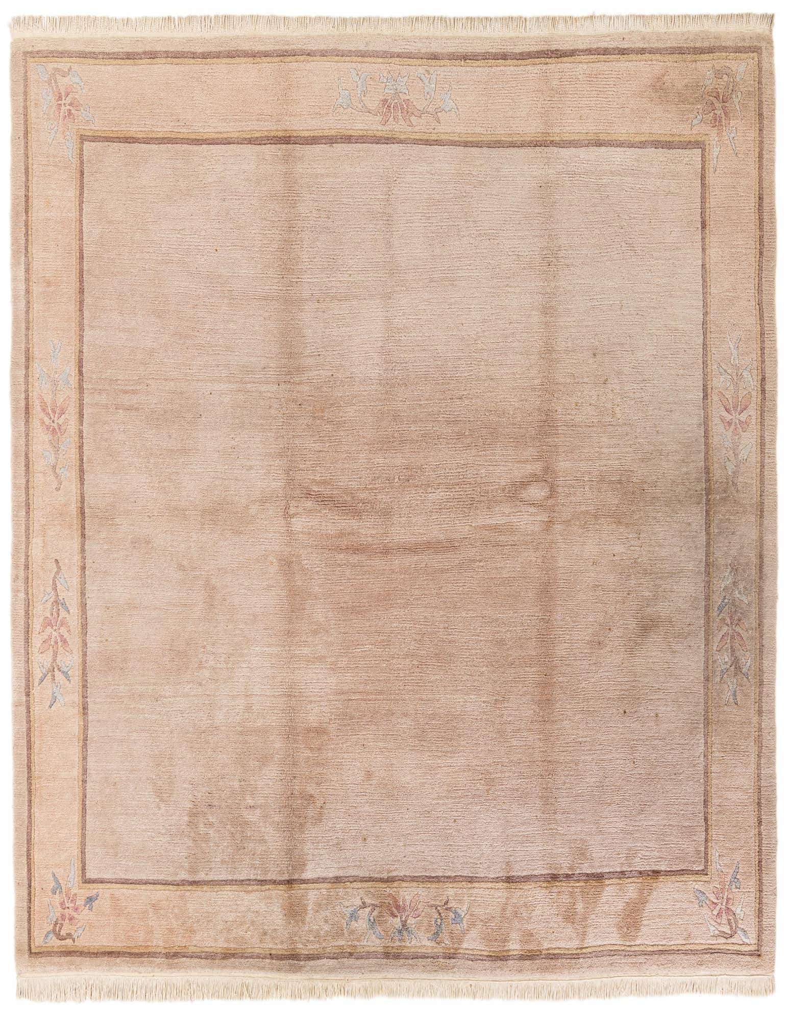 An 8' 0 x 8' 5 square ivory wool rug with a subtle floral border in muted pinks and blues, featuring a medium pile.