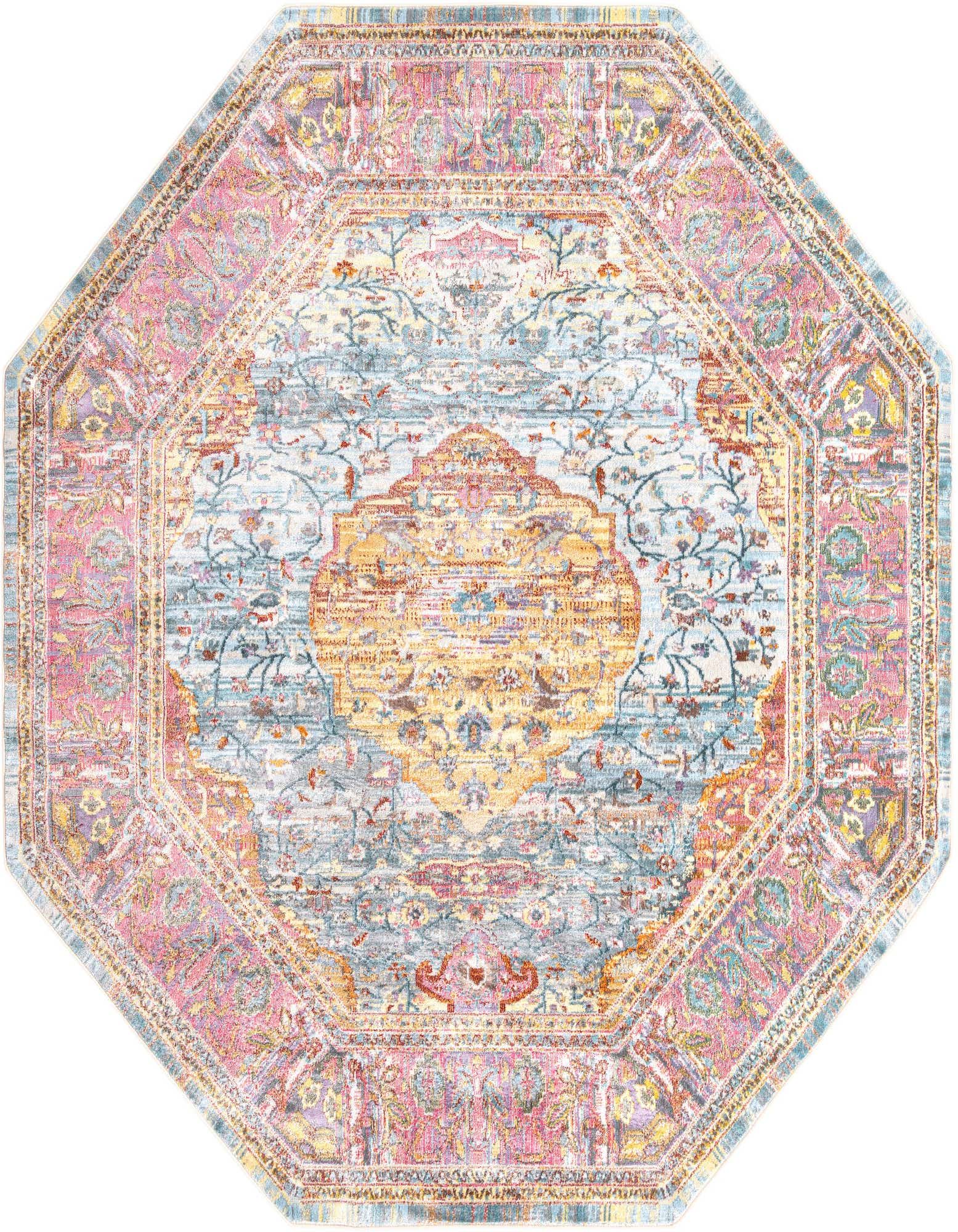 An 8' 0 x 8' 0 octagon rug featuring a light blue field with a distressed medallion and a pink, purple, and gold bohemian border.