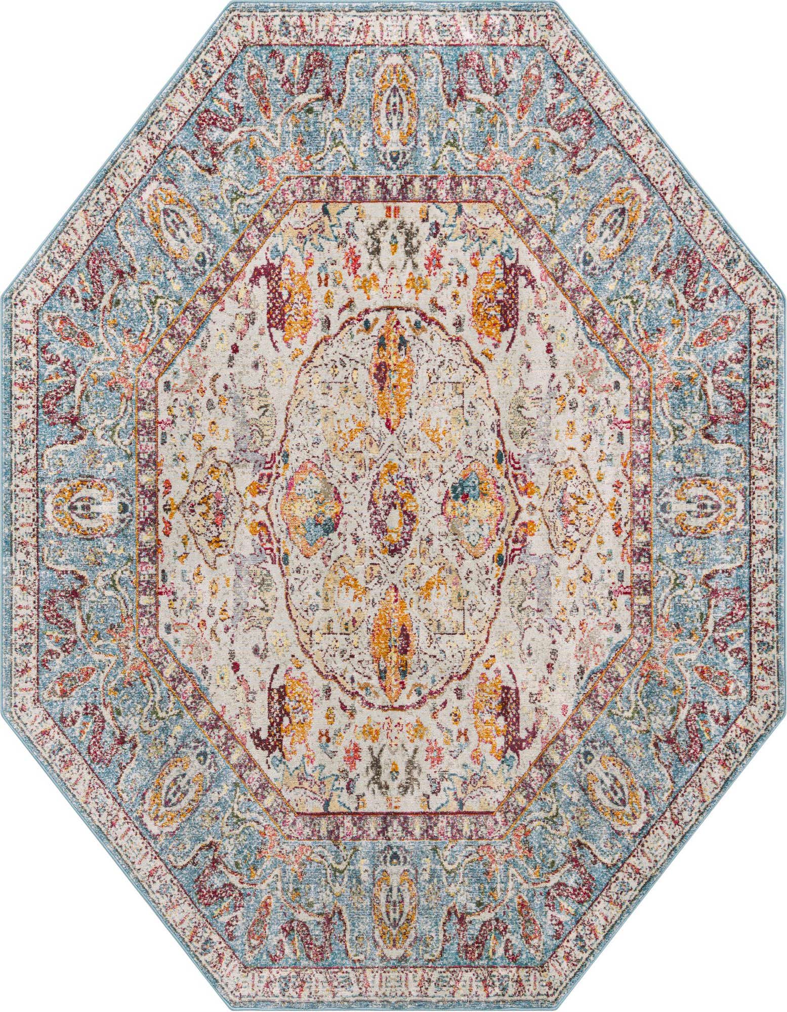 An 8' 0 x 8' 0 octagon rug with a light blue border and a cream center, featuring a distressed traditional medallion pattern in vibrant blues, reds, oranges, and yellows.